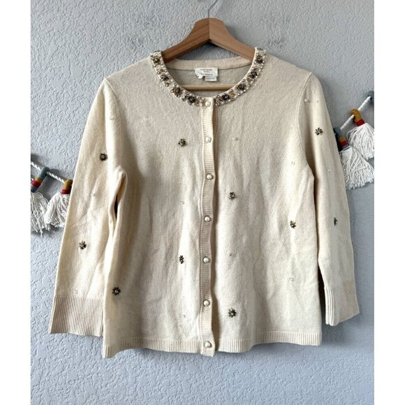 Kate Spade Elizabeth Be Dazzled Wool Ivory Beaded Pearl Cardigan Timeless Dainty - Picture 1 of 10